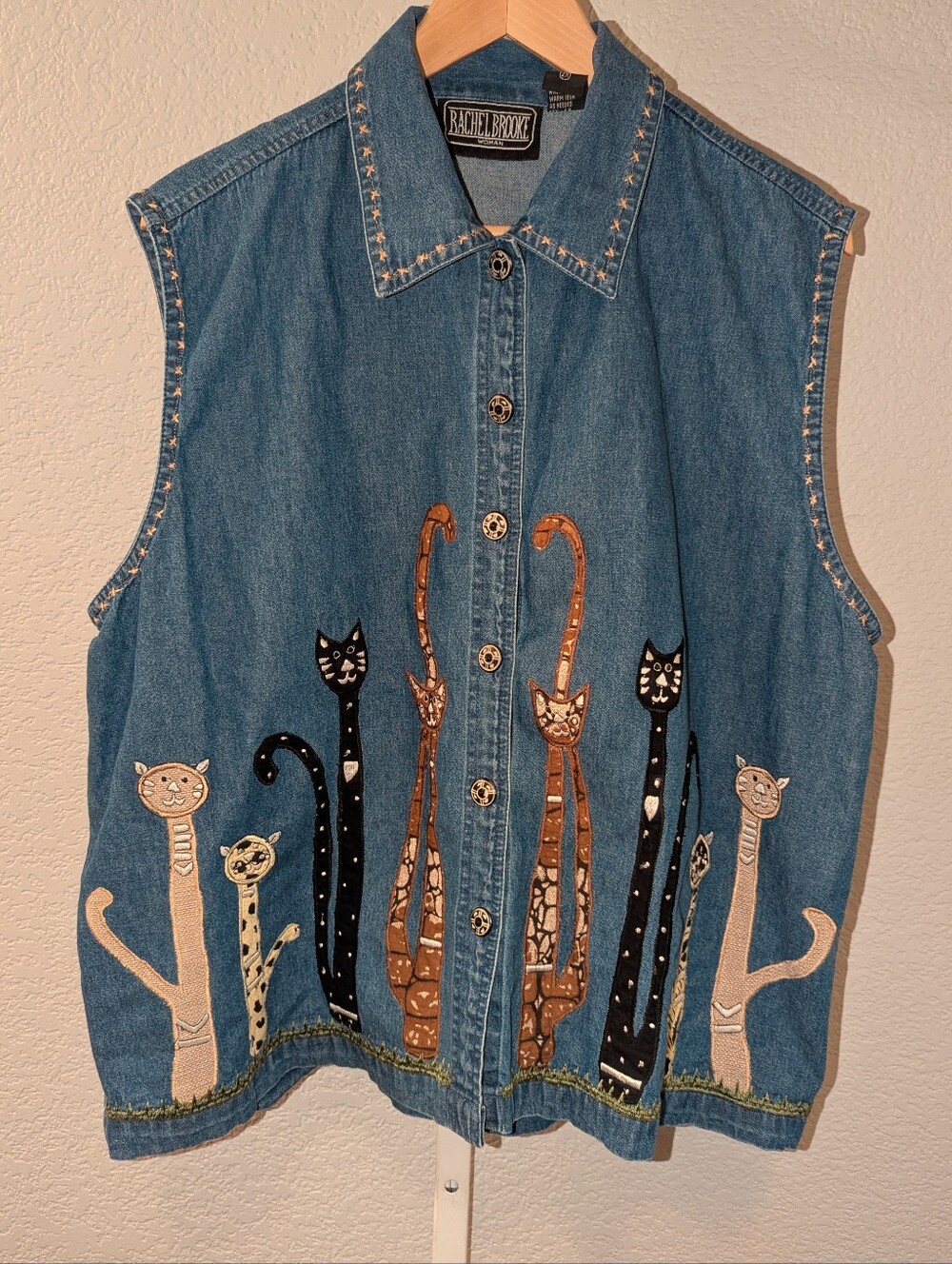 Vintage Rachel Brooke Embroidered Cat Denim Vest Cottagecore Plus Size 2X